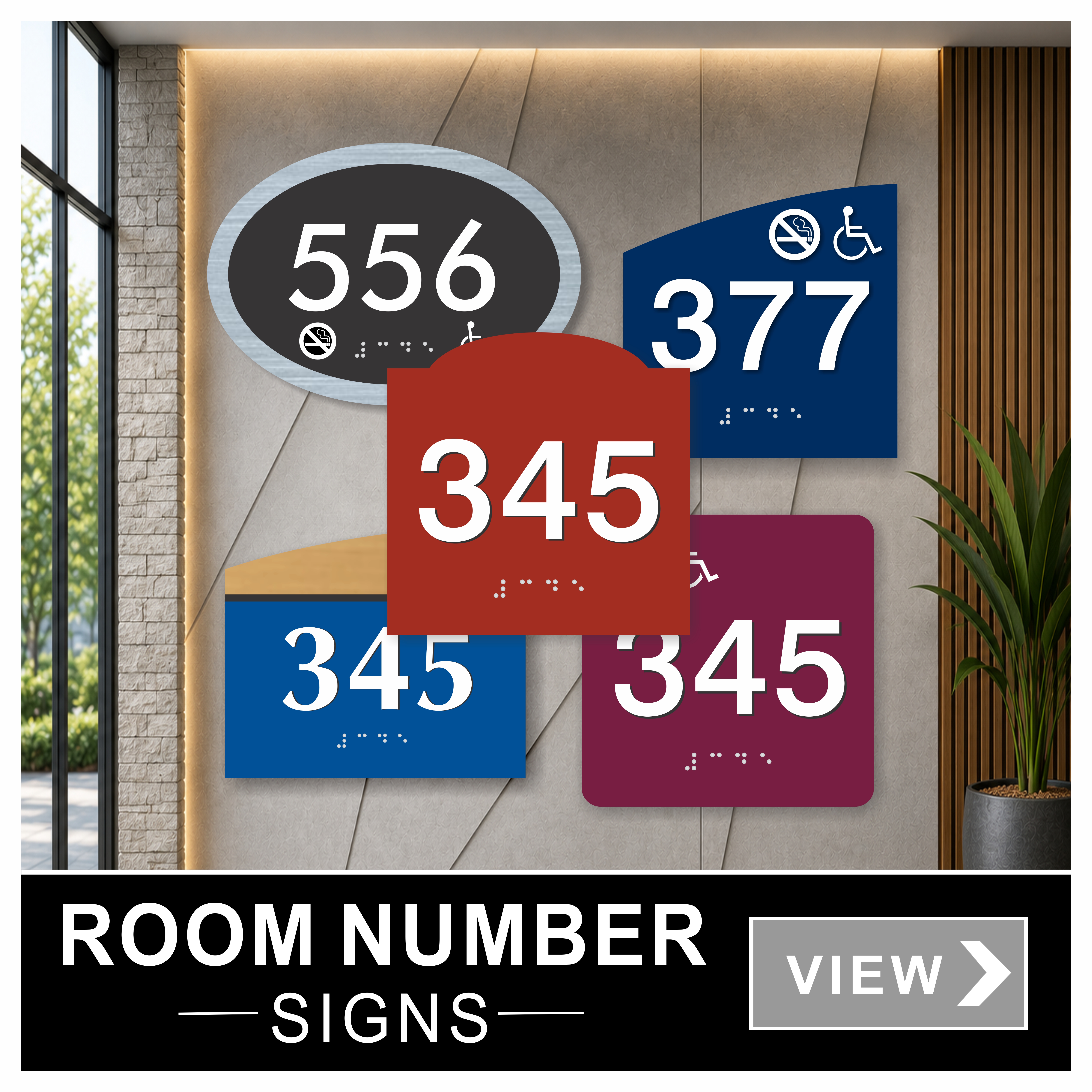 ADA compliant custom braille room nhumber signs in multiple design series